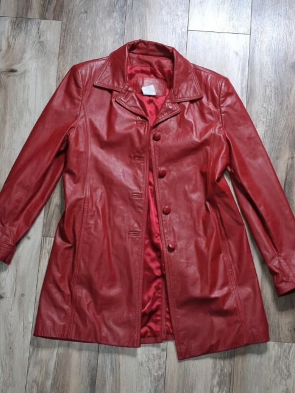 Vintage Red Leather Coat 90's Long Jacket Button Front Size L